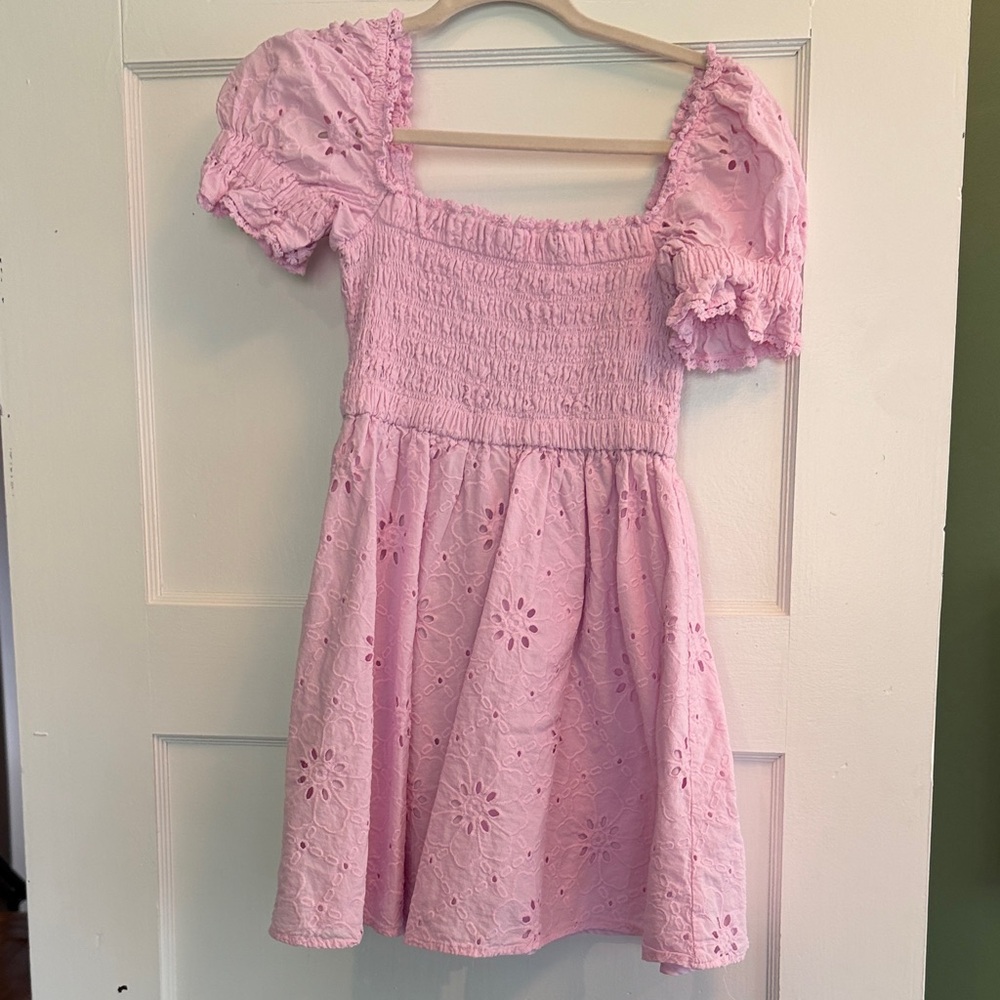 Altar'd State Pink Eyelet Smocked Puff-Sleeve Dress